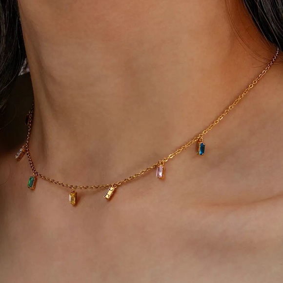 Jewelry - New 18K Gold Pink Square Zircon Pendant Necklace, nice Necklace, cute Necklace